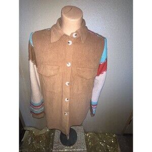 EASEL Camel Knitted Sleeve Button Up Shacket Top Large